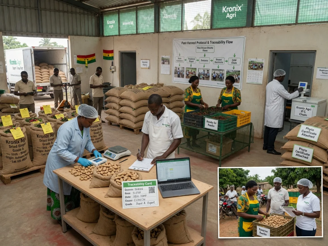 Crop aggregation and export facilitation in Ghana — kronix agri export readiness documentation traceability branded tema kronixagri, Accra Ghana