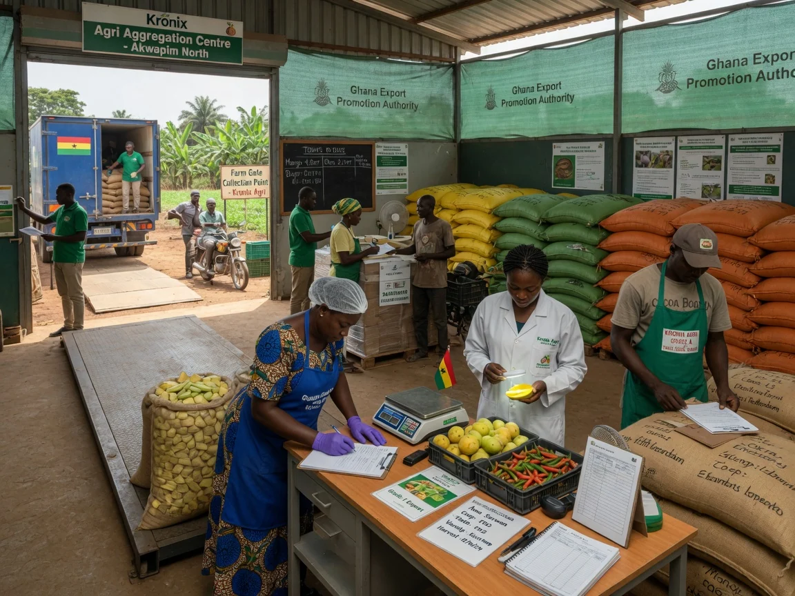 Agro-logistique et distribution de la bordure de champ au port à travers le Ghana — kronix agri farm gate collection weighbridge lot documentation branded ghana kronixagri, Accra Ghana