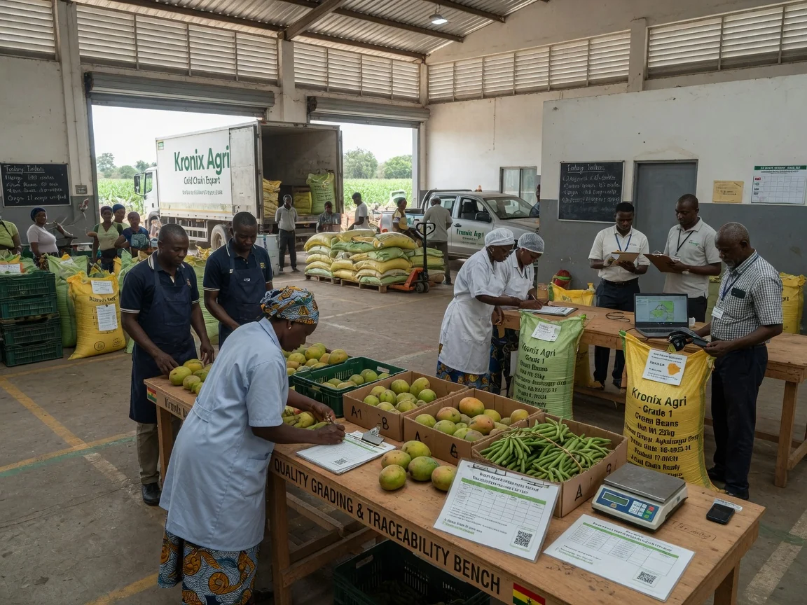 Contract-farming coordination across Ghana's growing zones — kronix agri field origin traceability documentation branded tema kronixagri, Accra Ghana