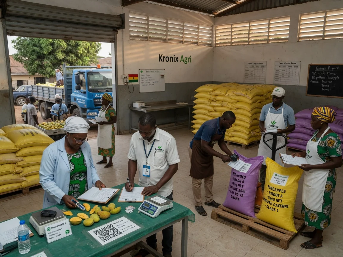 Packaging and traceability for export-ready consignments in Ghana — kronix agri graded sacks pallets load out verification branded ghana kronixagri, Accra Ghana