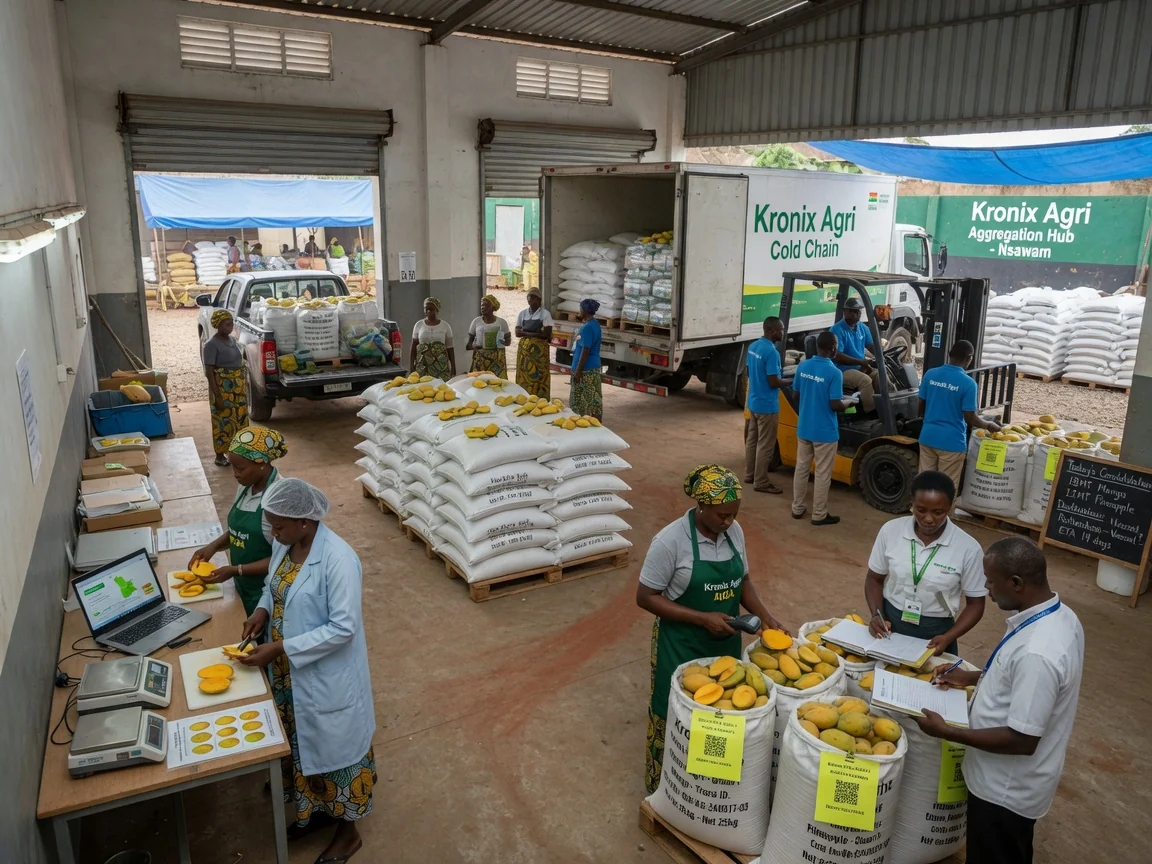 Agro-logistique et distribution de la bordure de champ au port à travers le Ghana — kronix agri haulage consolidation hub staging branded tema kronixagri, Accra Ghana