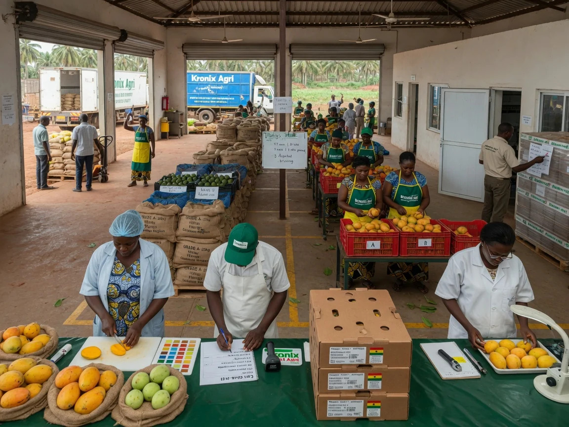Quality assurance and grading of tropical crops in Ghana — kronix agri lot sorting grade separation storage bays branded tema kronixagri, Accra Ghana