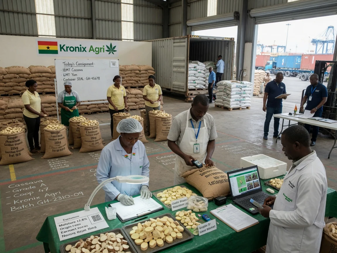 Agro-logistique et distribution de la bordure de champ au port à travers le Ghana — kronix agri port terminal handover export consignment branded accra kronixagri, Accra Ghana