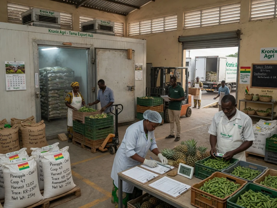 Post-harvest handling and cold chain for tropical crops in Ghana — kronix agri pre cooling cold room perishable crops branded tema kronixagri, Accra Ghana