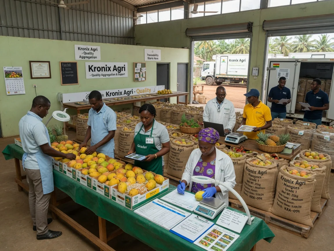 Commodity trade facilitation across Ghana and Togo corridors — kronix agri warehouse grading commodity consignment branded tema kronixagri, Accra Ghana
