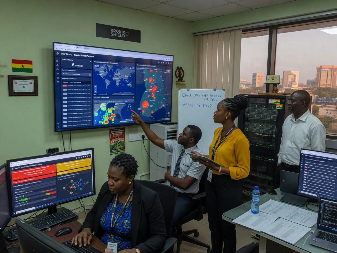 Managed monitoring and detection in Ghana — kronix shield analysts event correlation threat detection screens branded accra kronixshield, Accra Ghana