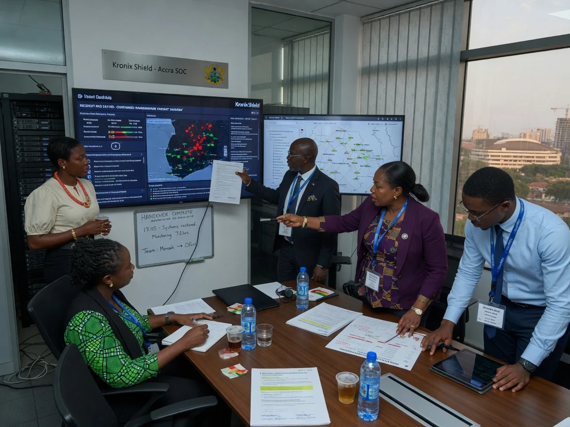 Institutional incident response in Ghana — kronix shield incident report board briefing recovery handover branded accra kronixshield, Accra Ghana