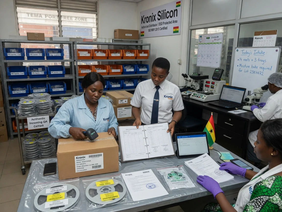Electronic component traceability and chain-of-custody compliance documentation — kronix silicon chain of custody handover record warehouse intake branded tema kronixsilicon, Accra Ghana