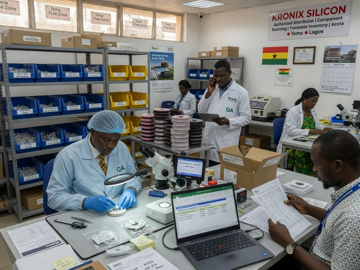 Electronic component sourcing and procurement in Ghana and Togo — kronix silicon component lot verification inspection bench branded tema kronixsilicon, Accra Ghana