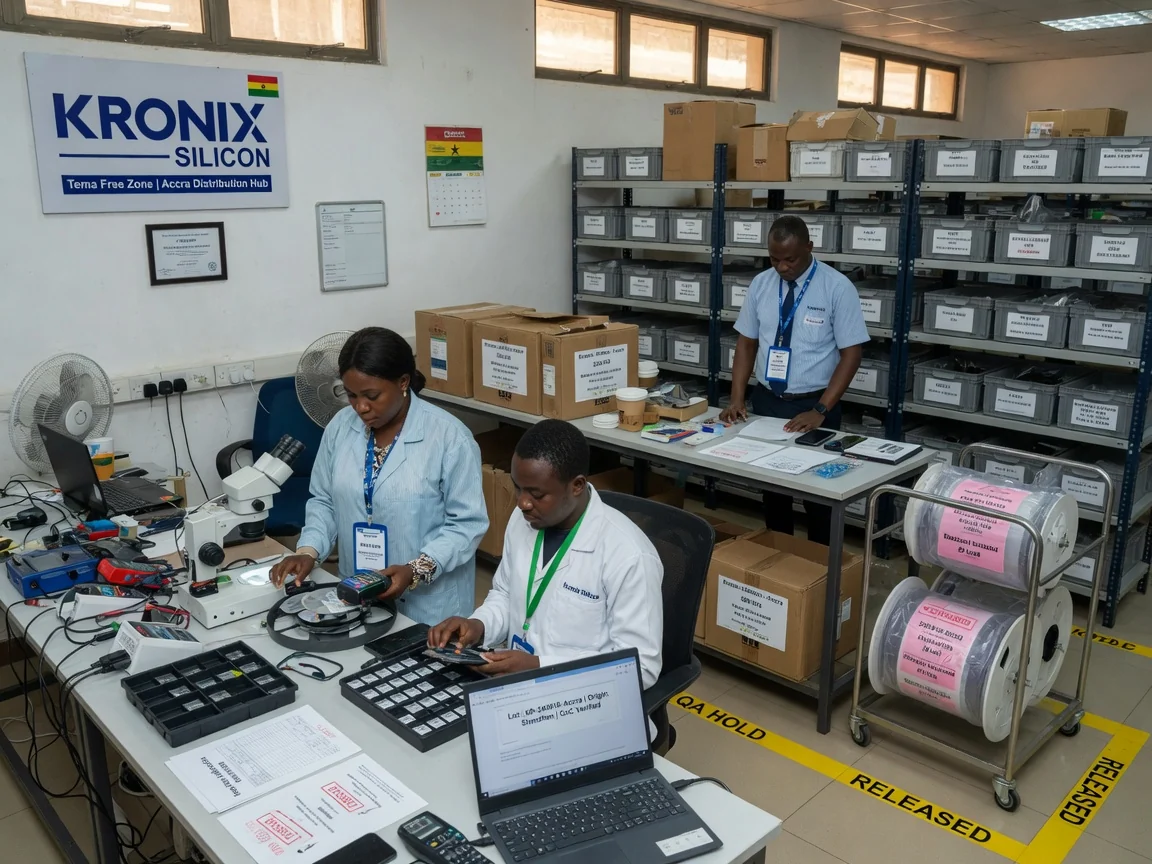 Component distribution and fulfilment across Ghana and Togo — kronix silicon component warehouse staged release storage branded accra kronixsilicon, Accra Ghana
