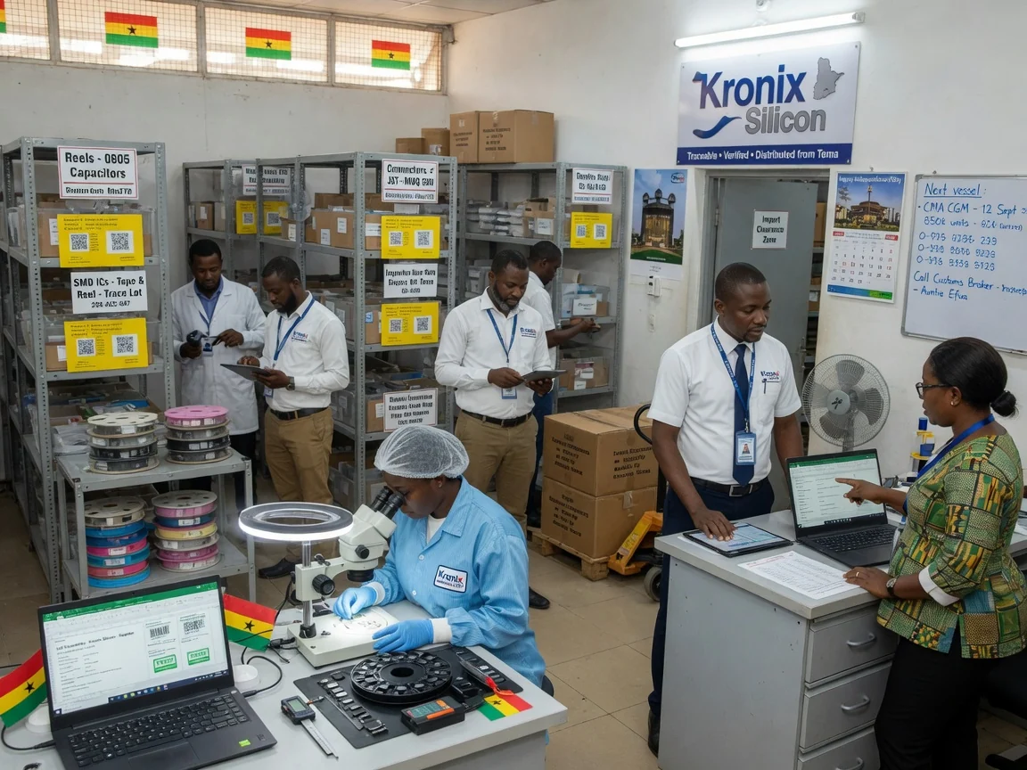 Electronic component sourcing and distribution in Africa — kronix silicon electronic component warehouse traceable inventory branded accra kronixsilicon, Accra Ghana