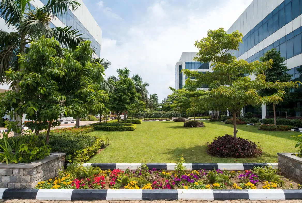 Corporate park outdoor landscape design in Airport City, Accra, maintained by Landscape GH