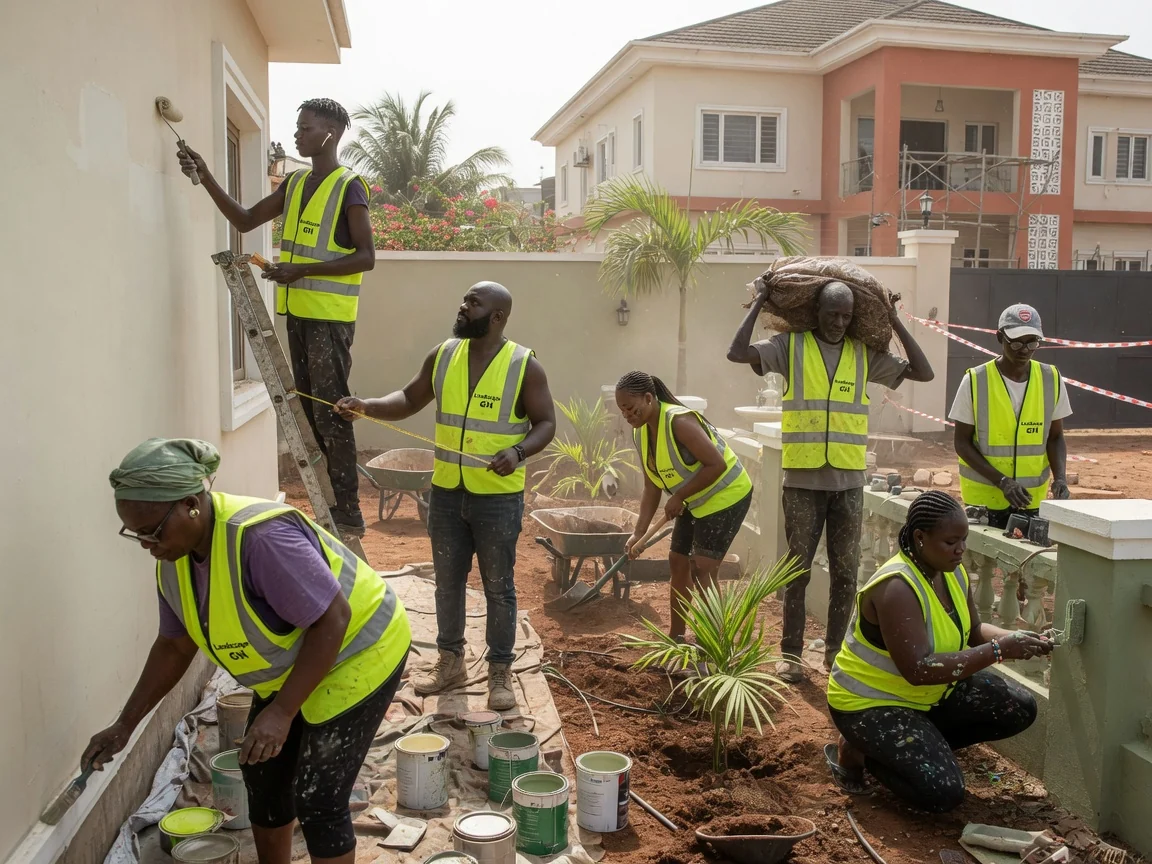 Luxury estate landscape design and build in Ghana — gated community estate grounds hardscape irrigation cantonments accra landscapegh, Accra Ghana