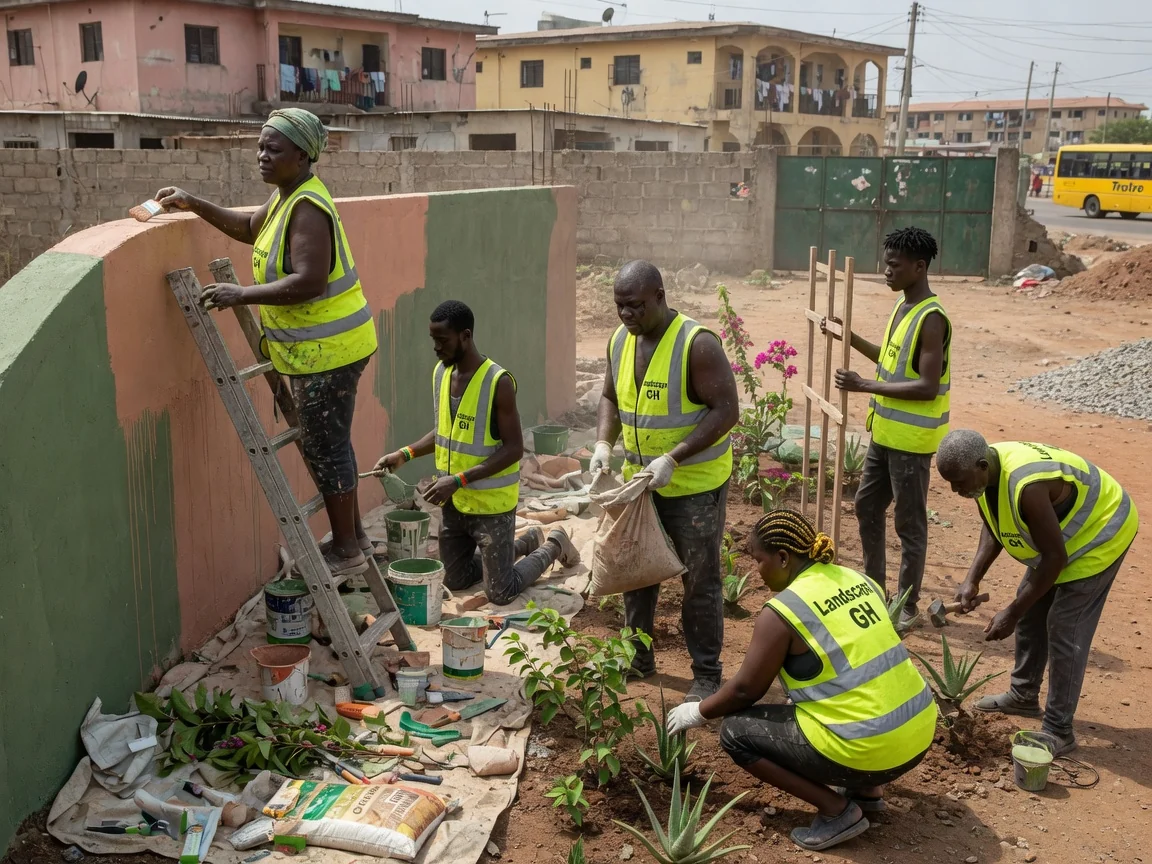 Climate-suited planting design in Ghana — shade tree bed establishment watering grounds spintex accra landscapegh, Accra Ghana