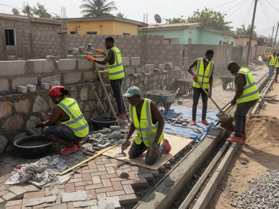 Hardscape and stonework — paths, patios, walls, and drainage in Ghana — surface drainage compacted sub base driveway build spintex accra landscapegh, Accra Ghana