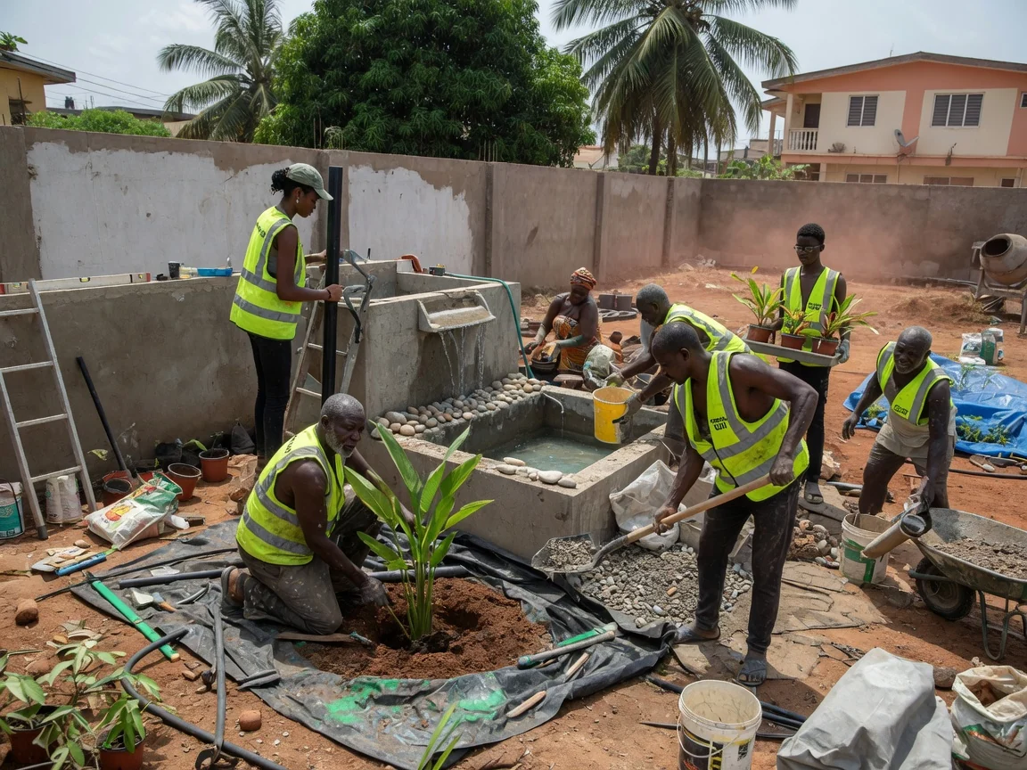 Conception et réalisation de jardins tropicaux — plantations adaptées au climat et pièces d'eau au Ghana — tropical garden layered planting lush greenery design east legon accra landscapegh, Accra Ghana