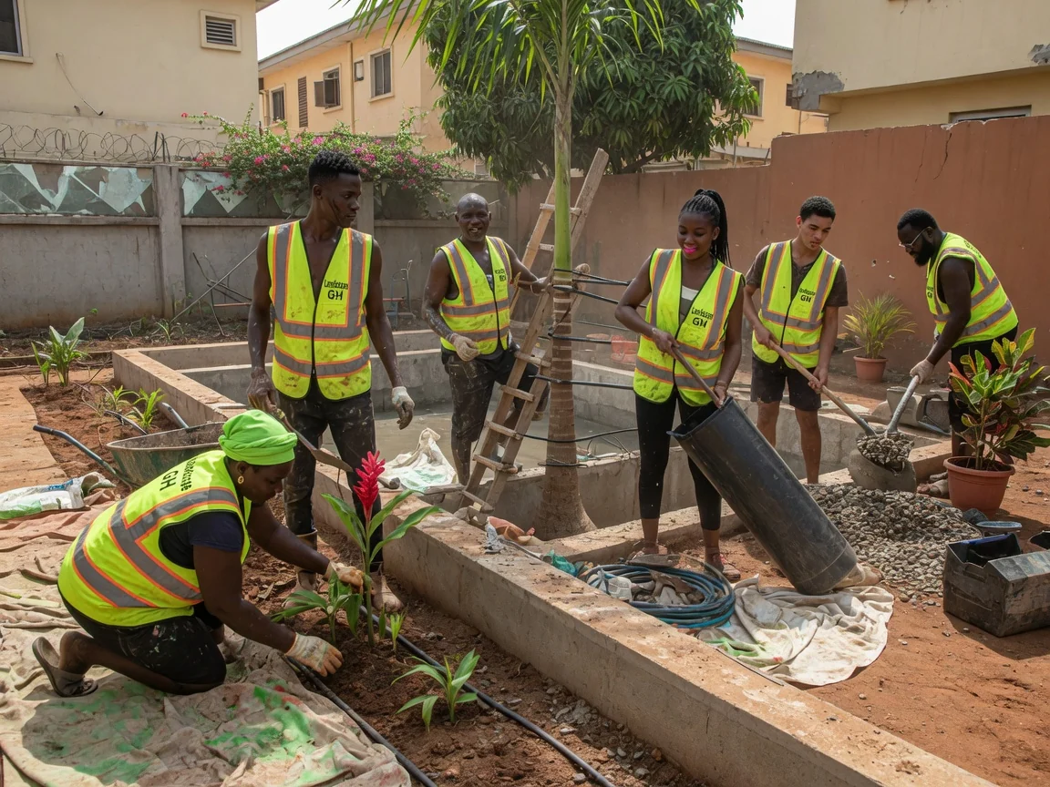 Conception et réalisation de jardins tropicaux — plantations adaptées au climat et pièces d'eau au Ghana — tropical poolside water feature planting courtyard cantonments accra landscapegh, Accra Ghana