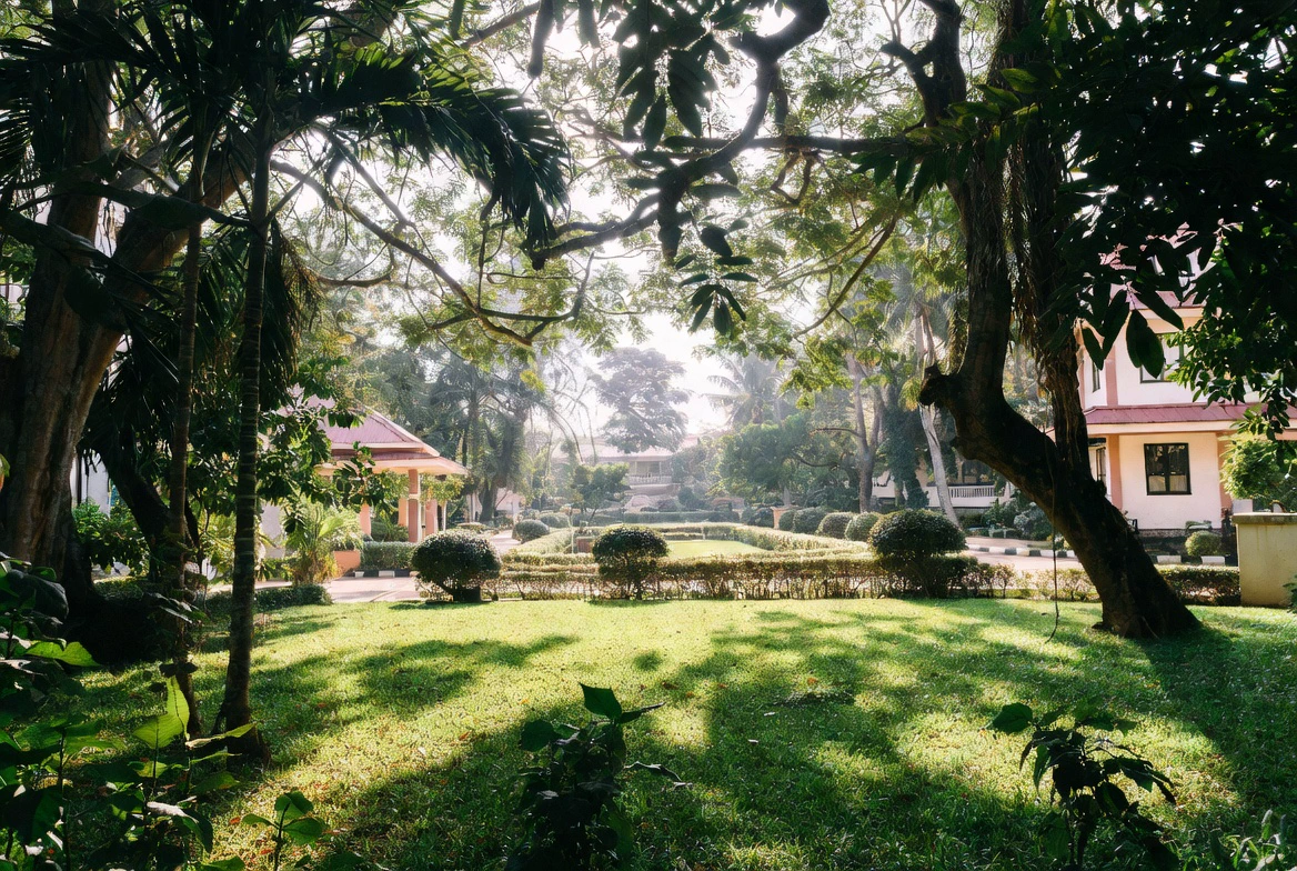 Institutional grounds with maintained lawns and hardscape in Accra