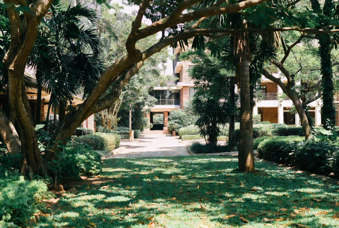 Corporate grounds with clean lawns and hardscape at a head office in Accra