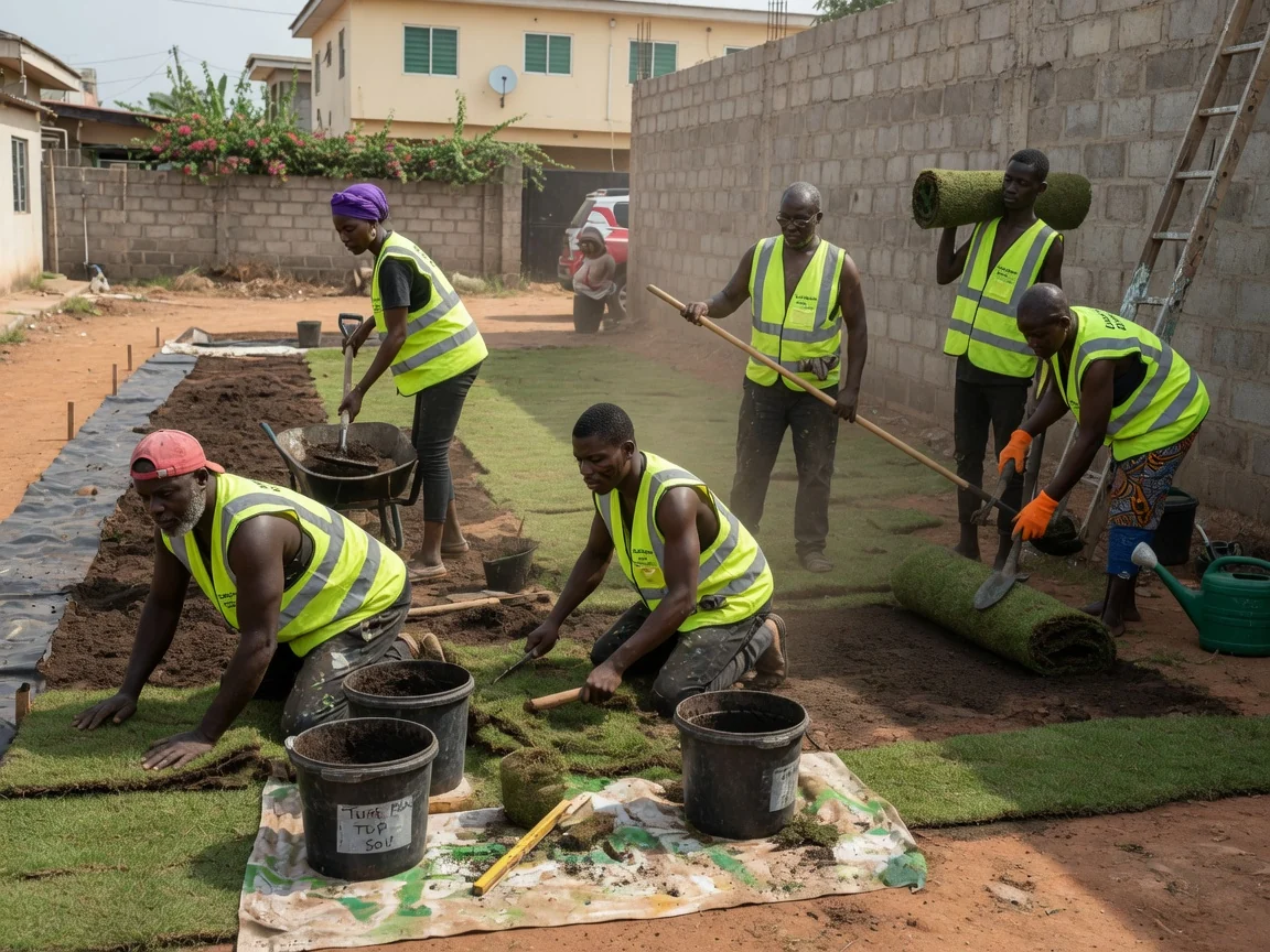 Turfing and new lawn installation in Accra — carpet grass turf installation ground prep levelling east legon accra landscapersghana, Accra Ghana