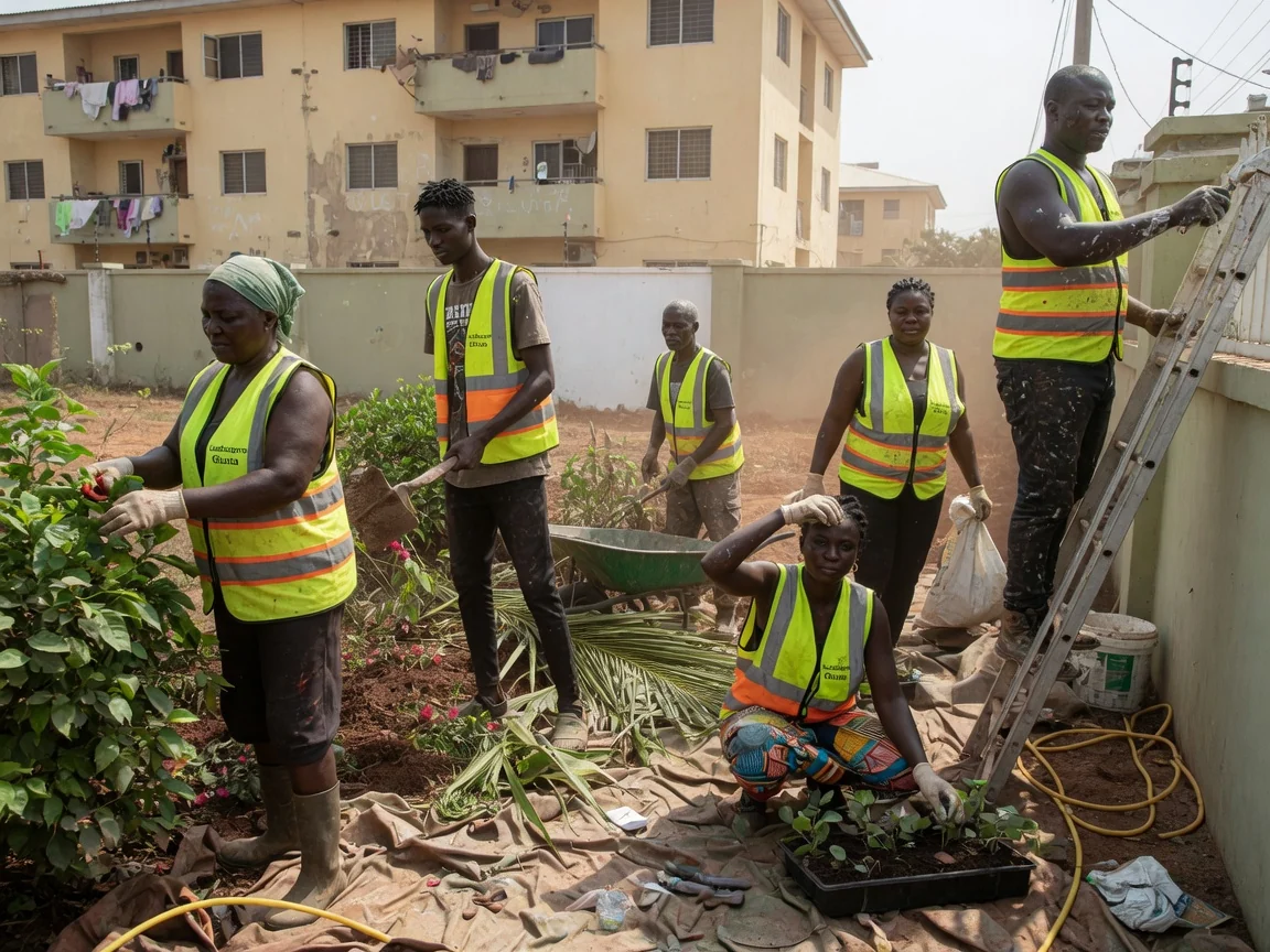 Seasonal garden care in Accra — dry season garden mulch watering shrubs trasacco accra landscapersghana, Accra Ghana