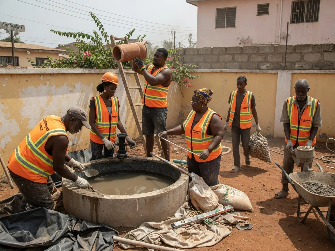 Water feature installation in Accra — finished pool surround fountain landscape cantonments accra landscapersghana, Accra Ghana