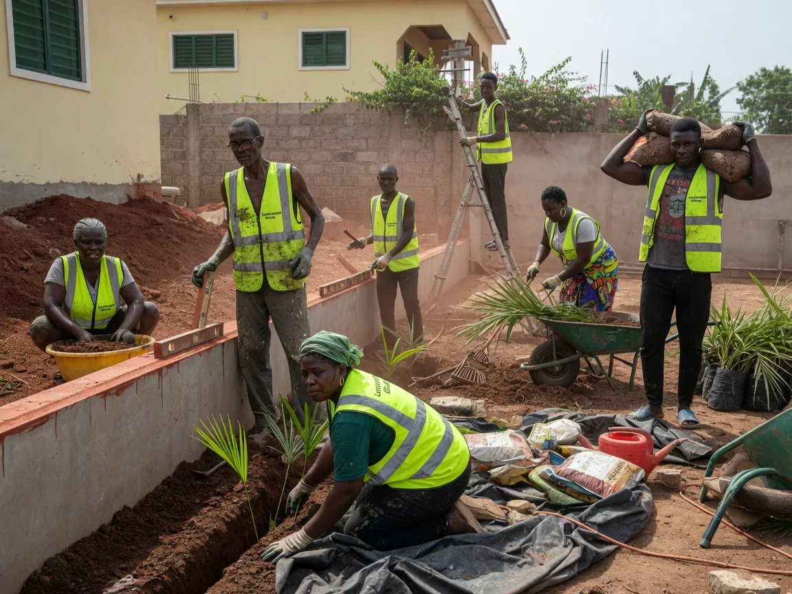Garden installation detail in Accra — garden design installation planting beds shrubs trasacco accra landscapersghana, Accra Ghana