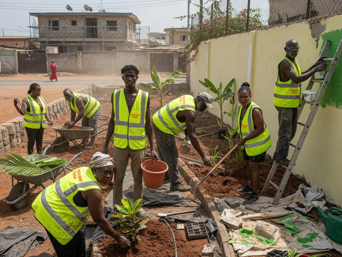 Garden installation detail in Accra — garden installation carpet grass turf laying spintex accra landscapersghana, Accra Ghana