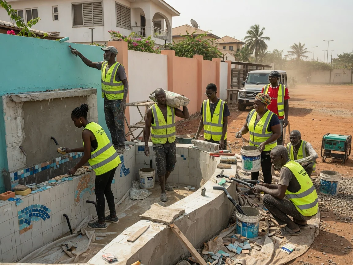 Water feature elements in Accra — garden pond cascade build airport residential accra landscapersghana, Accra Ghana