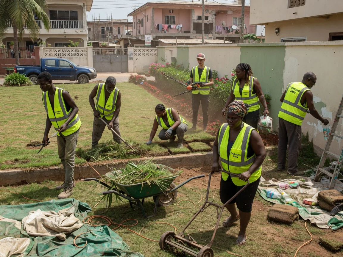 Lawn care and maintenance in Accra — maintained green lawn bed edging trasacco accra landscapersghana, Accra Ghana