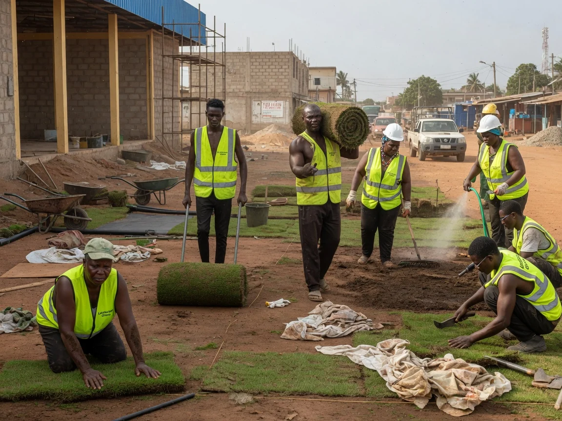 Turfing and new lawn installation in Accra — new lawn turf laid tight watered in establishment spintex accra landscapersghana, Accra Ghana