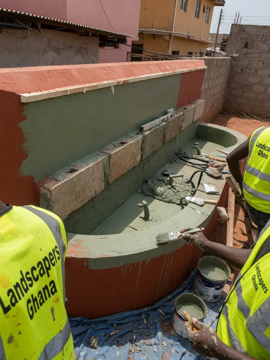 Water feature installation in Accra — water feature installation pond lining pump plumbing detail accra landscapersghana, Accra Ghana