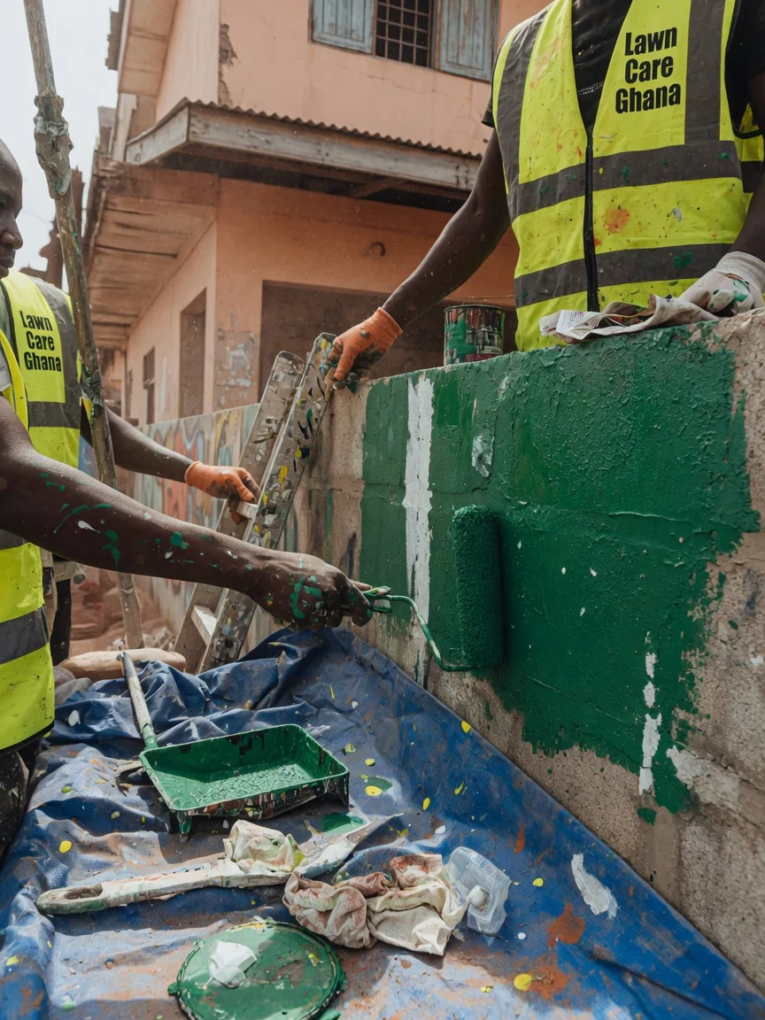 Commercial property grounds maintenance in Accra — commercial property beds borders shrub pruning detail accra lawncareghana, Accra Ghana