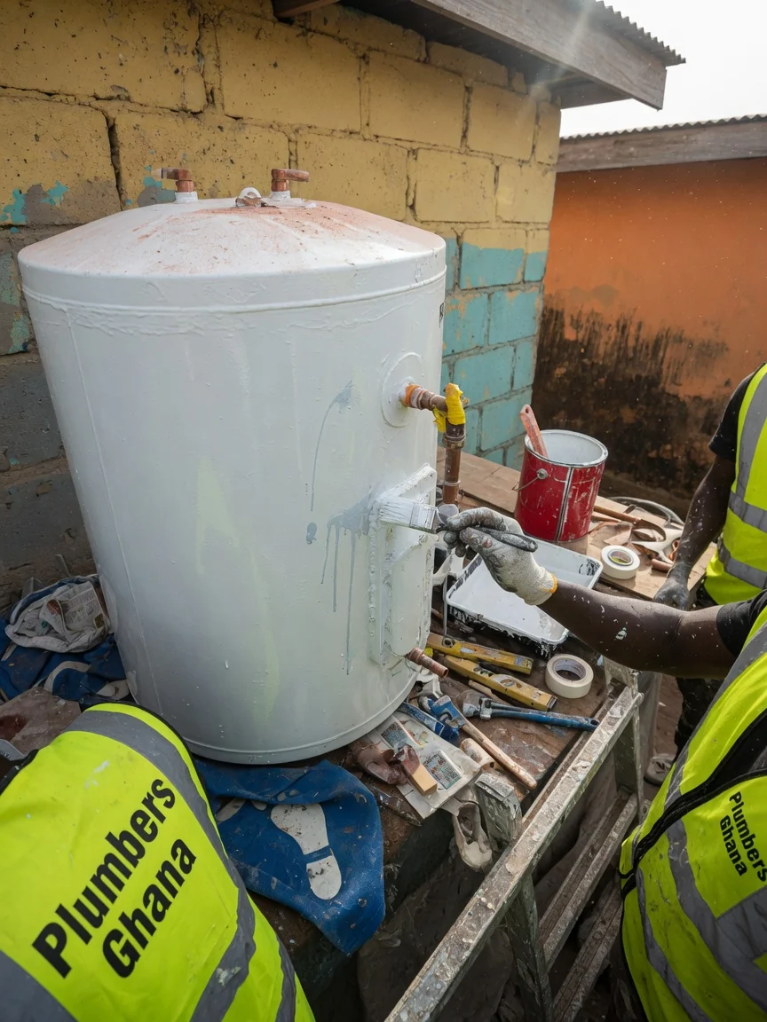 Water heater installation in Accra — leaking water heater repair element thermostat detail plumbersghana, Accra Ghana