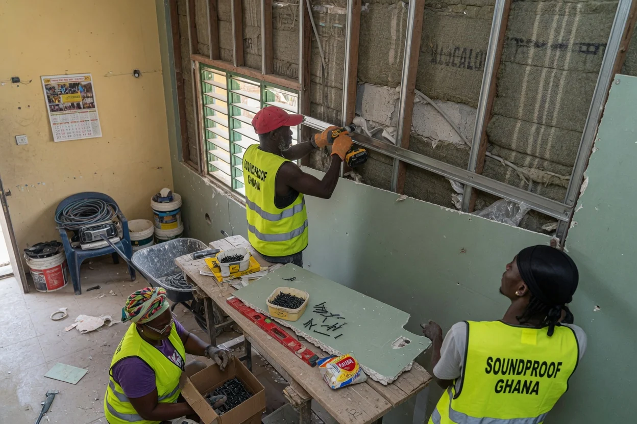 Ceiling and floor impact soundproofing in Accra — context acoustic install crew accra soundproofghana, Accra Ghana