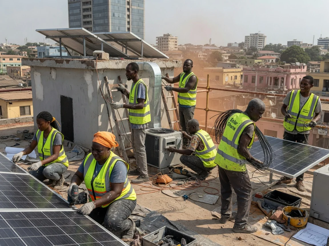 Systèmes solaires et CVC de tour bancaire à Accra — bank tower rooftop pv array inverter room ridge accra solaracghana, Accra Ghana