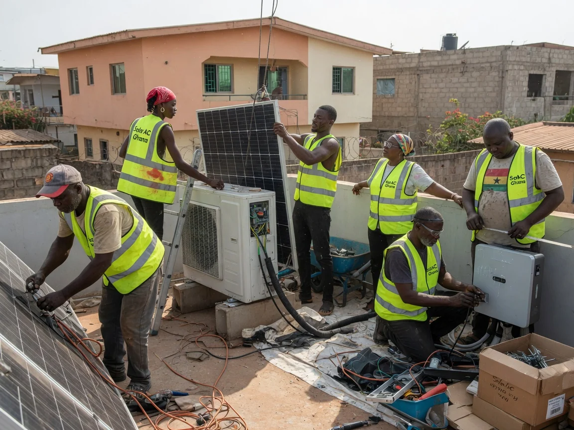 Combined solar and AC system in Accra — solar array hybrid inverter running air conditioning east legon accra solaracghana, Accra Ghana