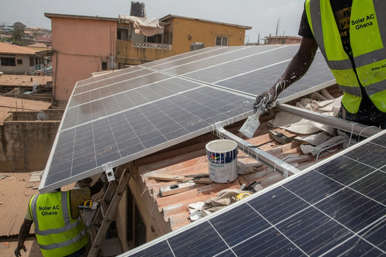 Commercial rooftop solar PV array installation in Accra — solar array string wiring inverter termination detail solaracghana, Accra Ghana