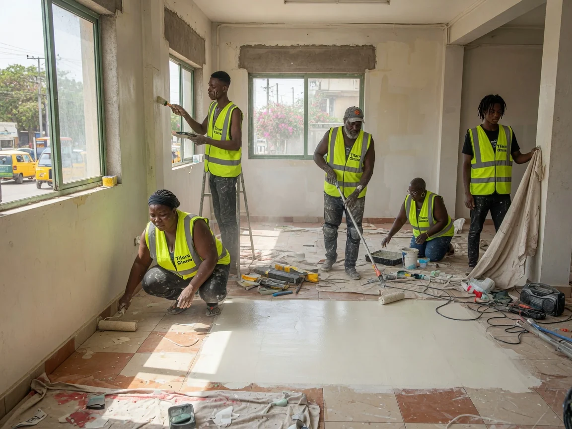 Heated tile floor installation in Accra, Ghana — heated floor tile uncoupling membrane install cantonments tilersghana, Accra Ghana