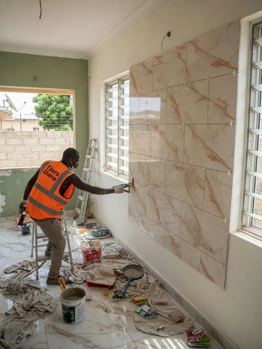 Large-format porcelain tiling in Accra, Ghana — large format porcelain slab feature wall cantonments tilersghana, Accra Ghana