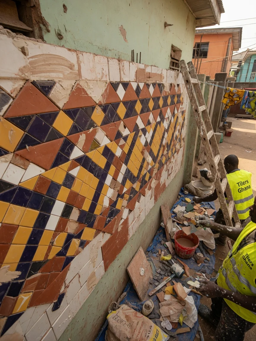 Mosaic feature tiling in Accra, Ghana — mosaic feature tile feature wall detail eastlegon tilersghana, Accra Ghana