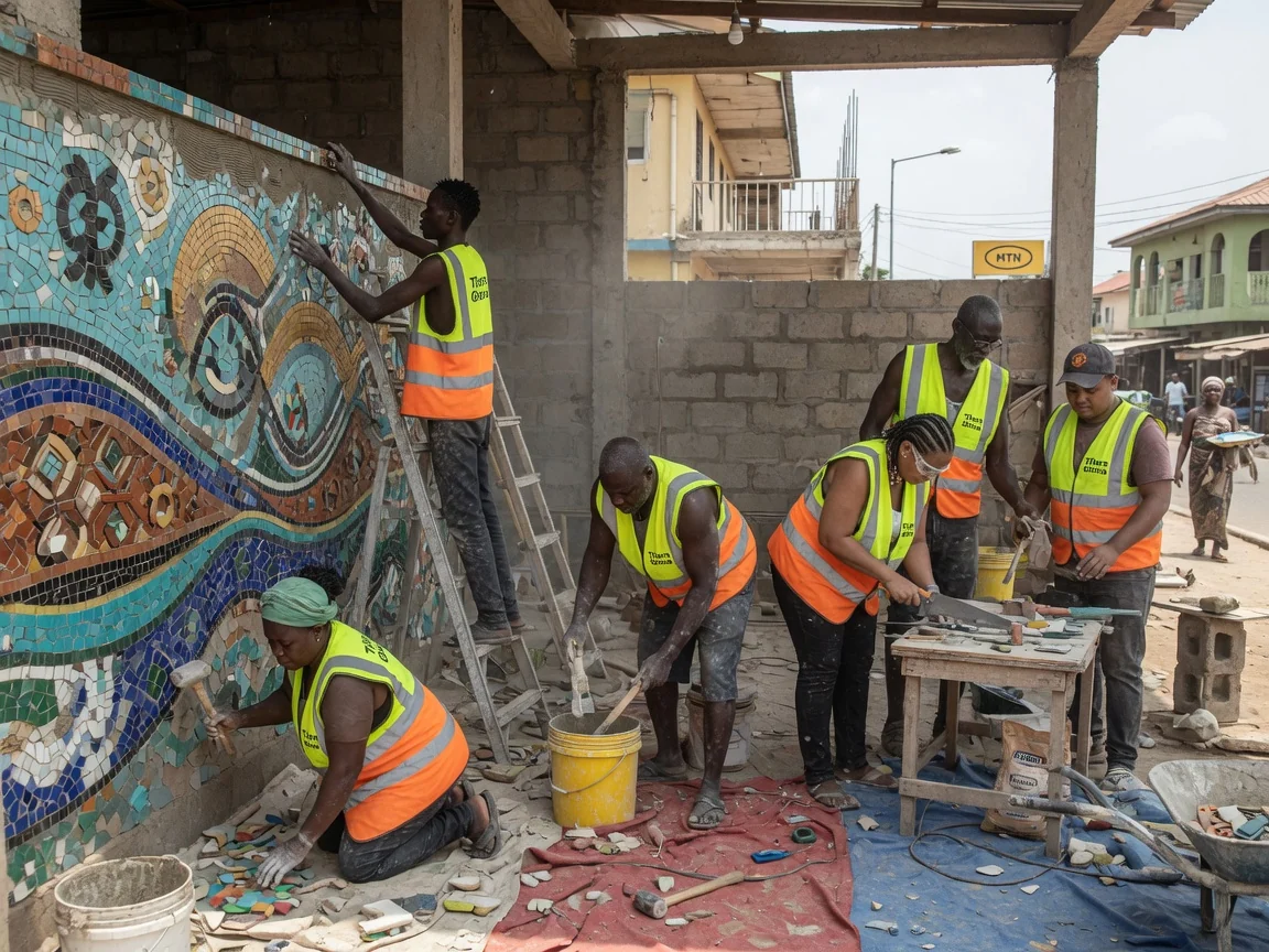 Mosaic feature tiling in Accra, Ghana — mosaic feature tile glass tessera pool basin airport tilersghana, Accra Ghana