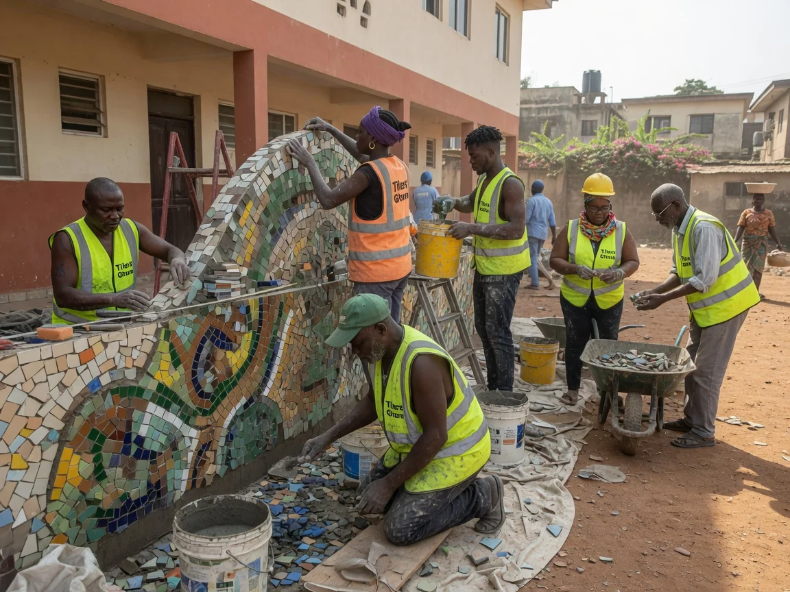 Mosaic feature tiling in Accra, Ghana — mosaic feature tile micro mosaic sheet setting out cantonments tilersghana, Accra Ghana