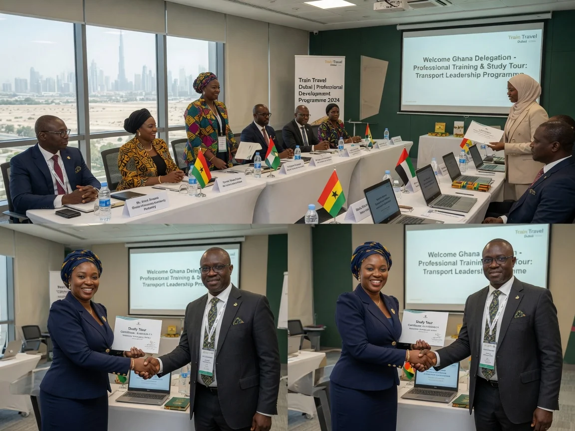 Flight and airport coordination for Dubai training delegations — train travel dubai delegation airport ground handover welcome branded dubai traintraveldubai, Accra Ghana