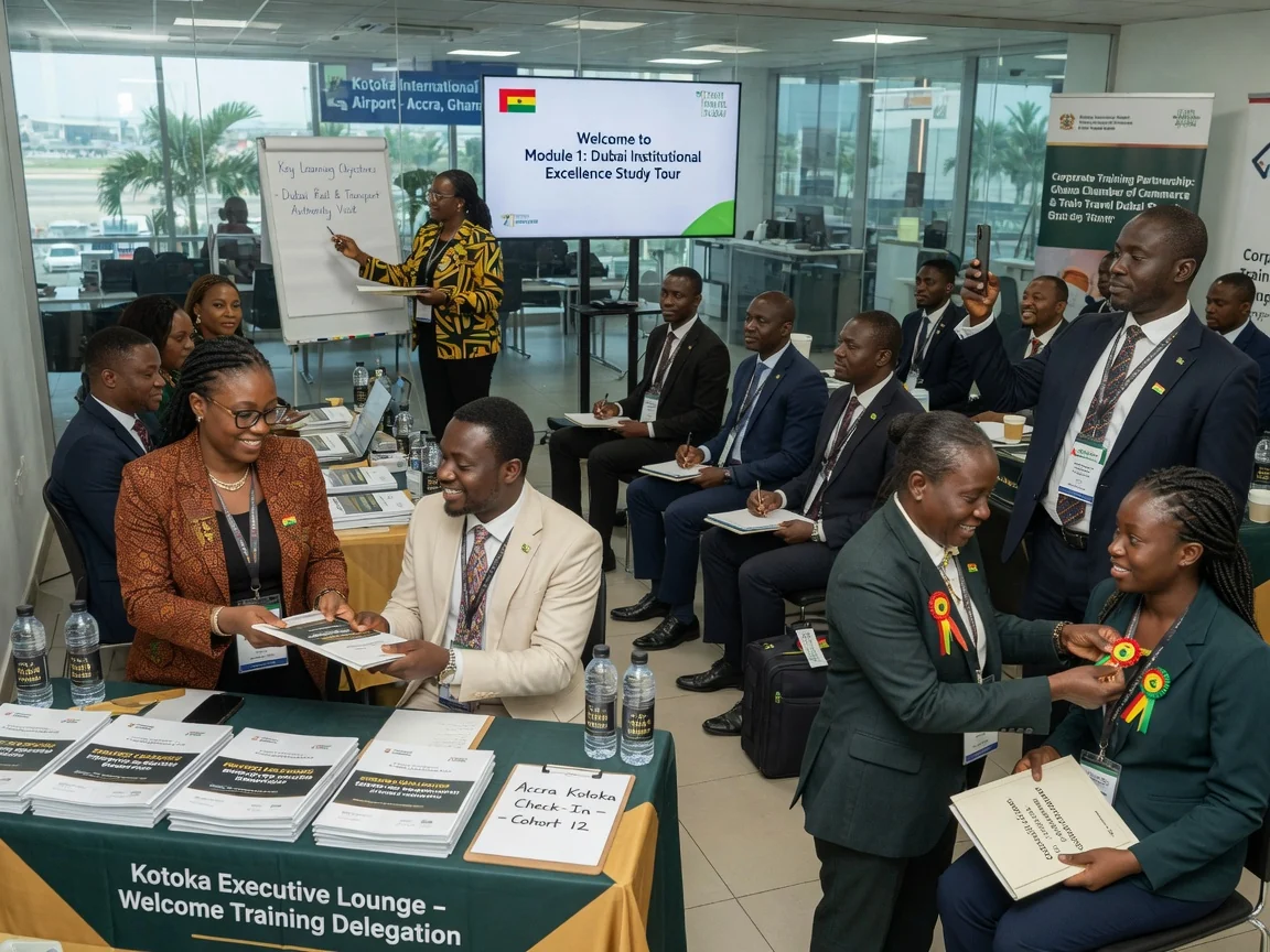 Flight and airport coordination for Dubai training delegations — train travel dubai delegation group check in accra kotoka branded dubai traintraveldubai, Accra Ghana
