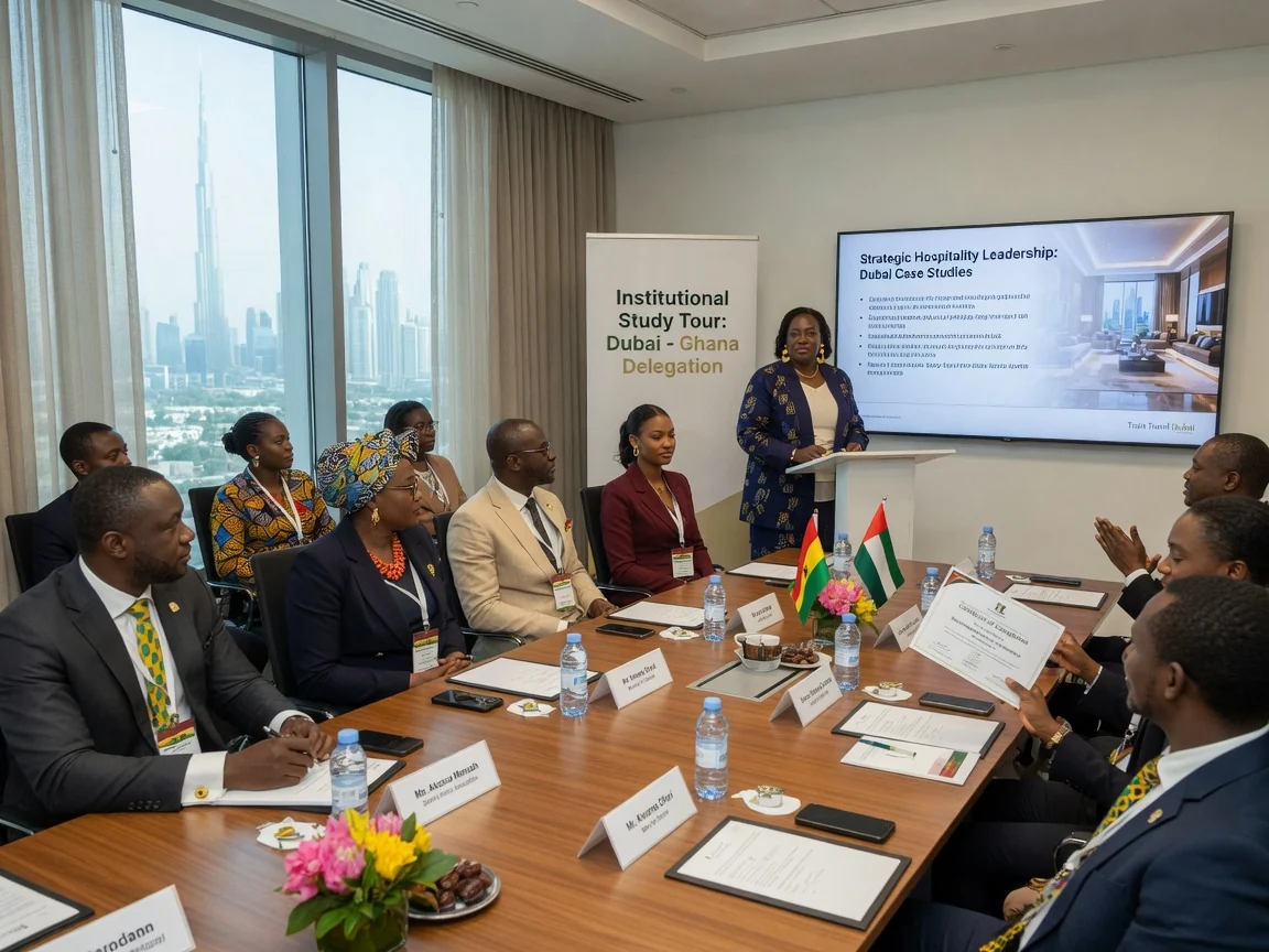 Accommodation and hospitality arrangement for Dubai training delegations — train travel dubai delegation hospitality meeting room briefing branded dubai traintraveldubai, Accra Ghana