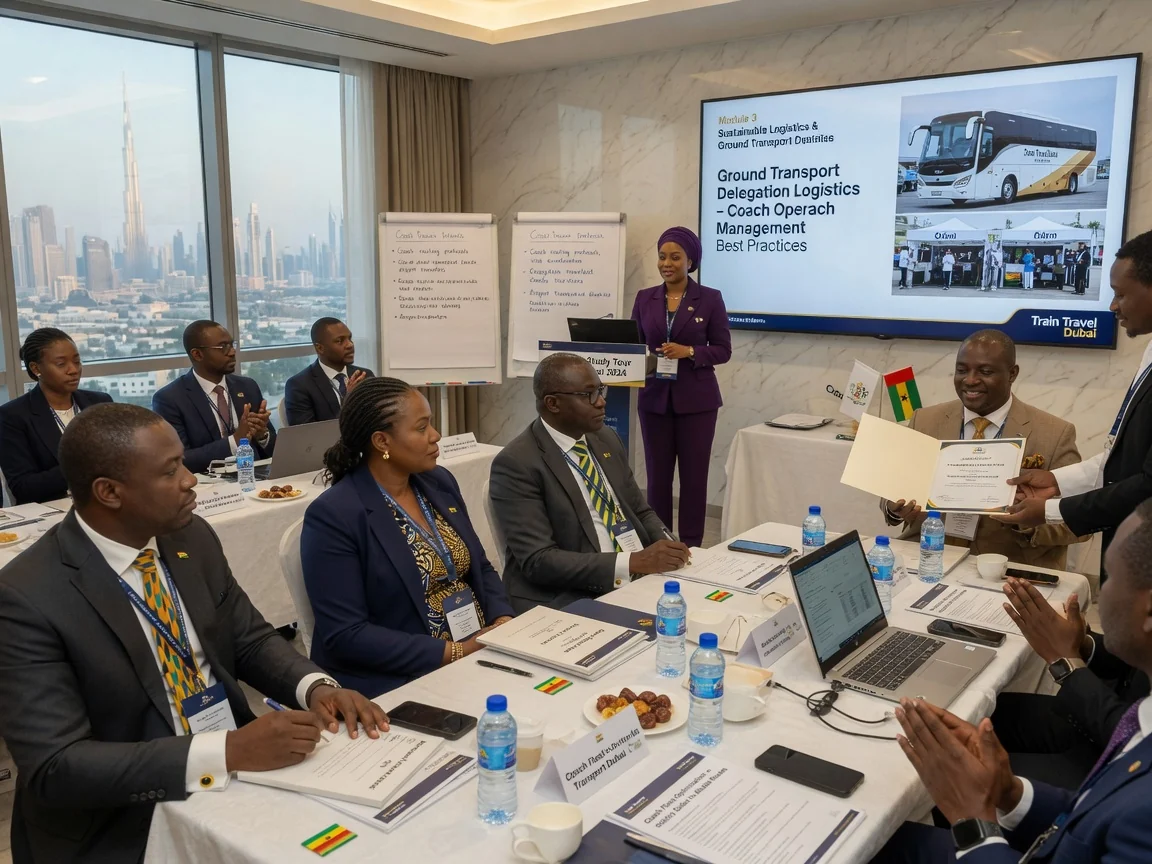 Ground transport and training-site logistics in Dubai — train travel dubai ground transport delegation logistics coach branded dubai traintraveldubai, Accra Ghana