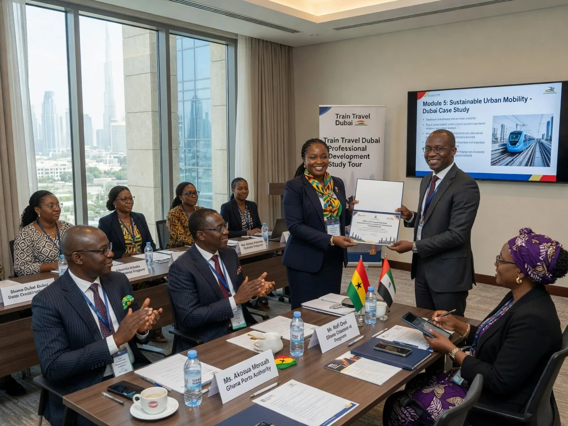 Return-journey logistics for Dubai training delegations — train travel dubai mission completion documentation branded dubai traintraveldubai, Accra Ghana