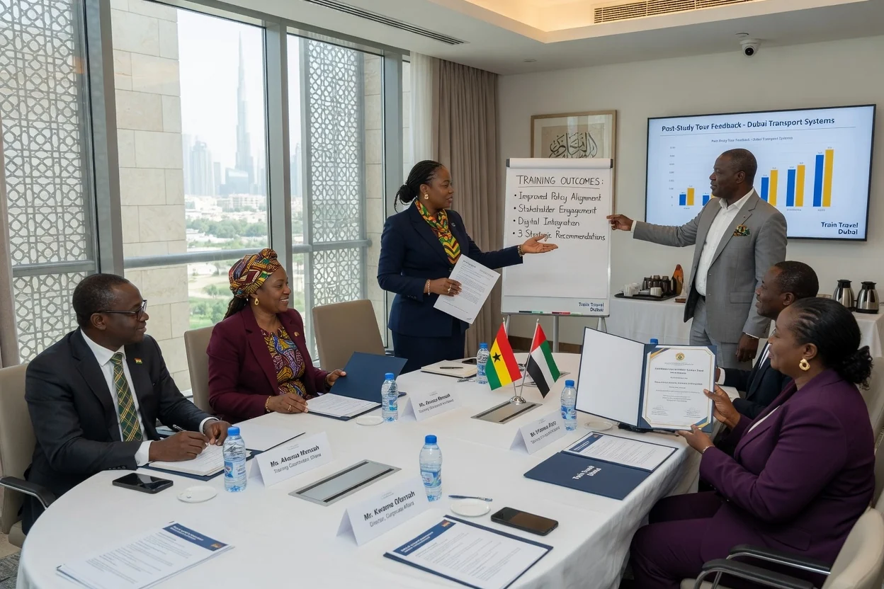 Training delivery & facilitation in Dubai — train travel dubai training delivery facilitator debrief outcomes branded dubai traintraveldubai, Accra Ghana