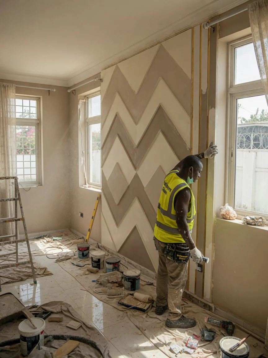3D wall panel and cladding installation in Accra — 3d pvc feature wall living room east legon wallpapersghana, Accra Ghana